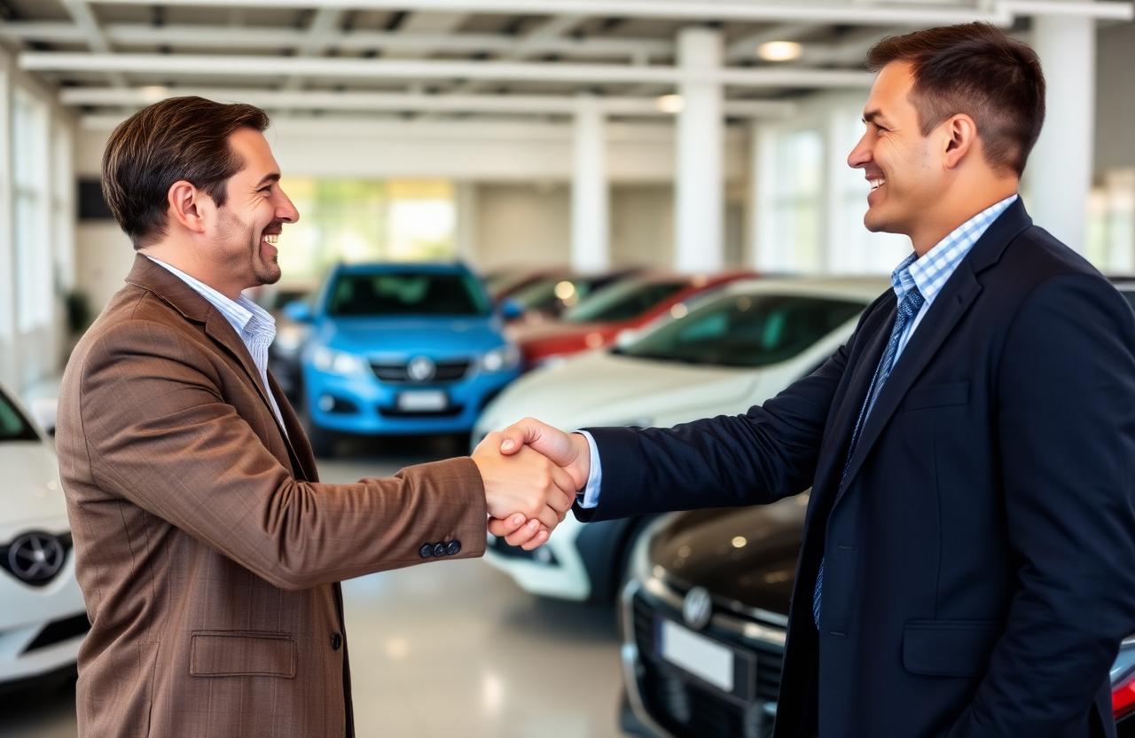 Car dealership manager reviewing 5-star customer reviews on a tablet in a modern showroom