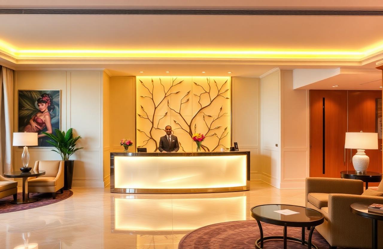 Elegant hotel lobby with concierge at the front desk in a modern boutique hotel