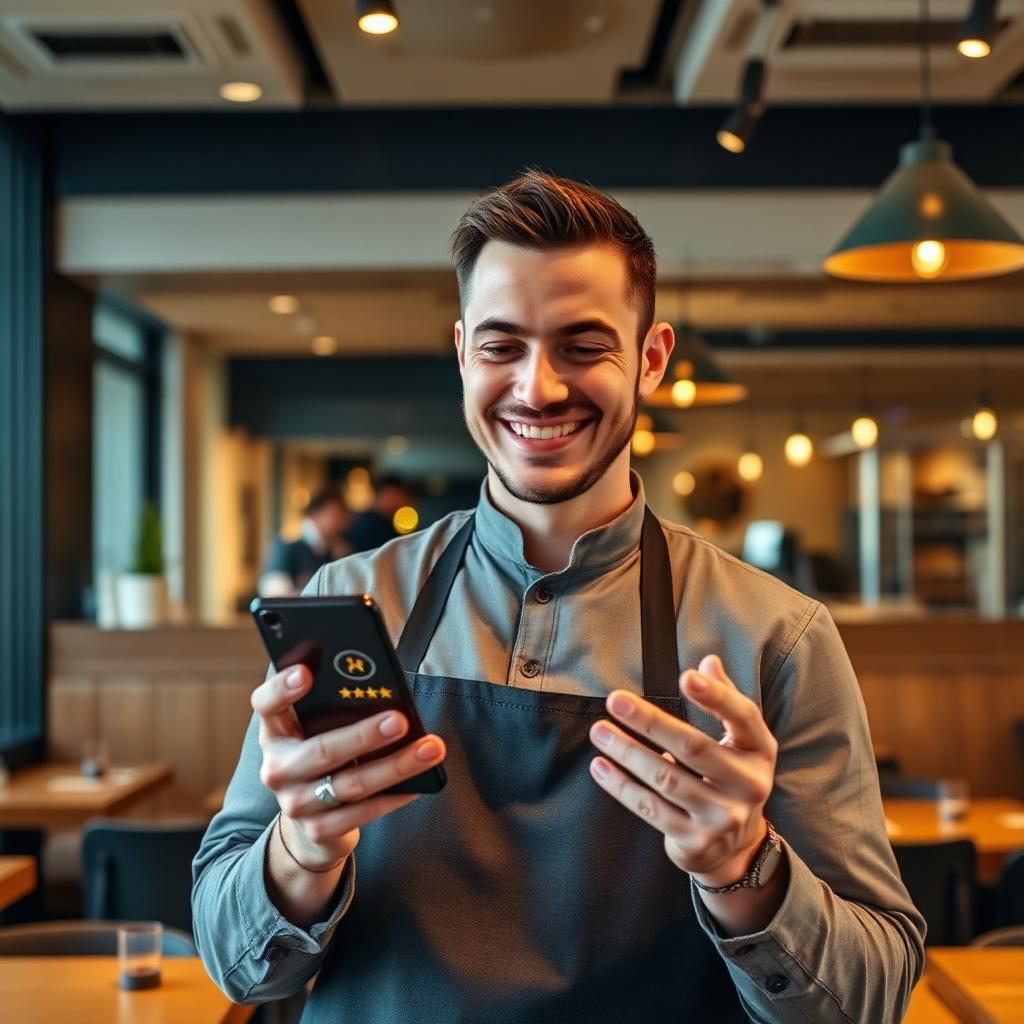 Restaurant owner smiling while checking 5-star review notifications on their phone