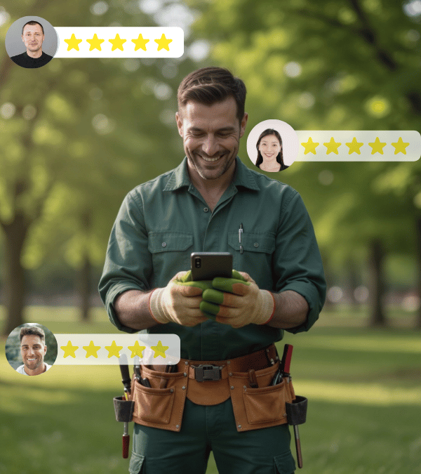 Tree service professional checking reviews